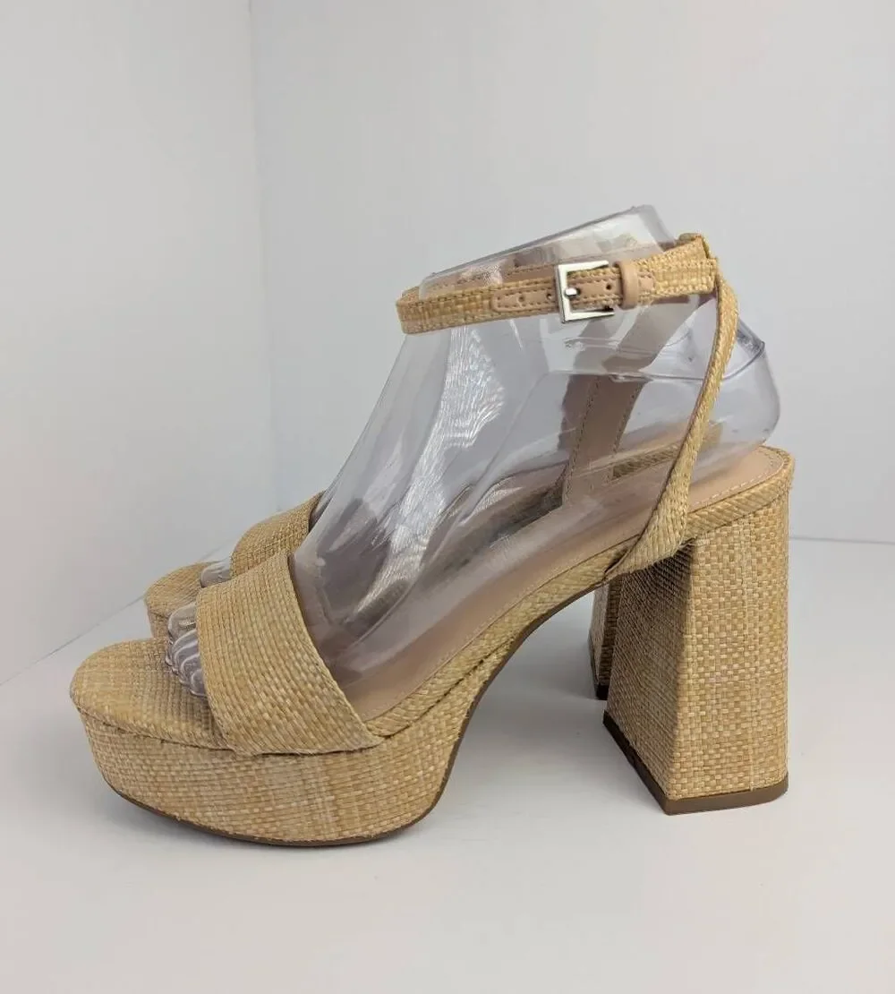 Marc Fisher beige raffia woven basket natural platform sandal heels womens 7.5